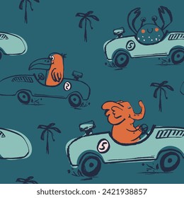 С rab, toucan, elefante coche divertido estampado de camiseta de verano fresco sin costura. Diseño de impresión para viajes por carretera. Prendas de vestir para niños de viajes tropicales en la playa, papel tapiz exótico de jungla silvestre en la guardería. Animales de dibujos animados manuales