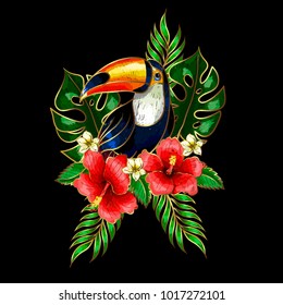 Toucan embroidery patches with tropical flowers and leaves.