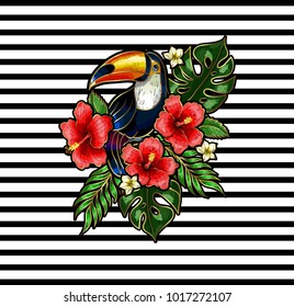 Toucan embroidery patches with tropical flowers and leaves.