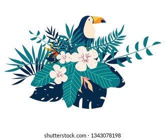 Toucan embroidery patches with tropical flowers and leaves.