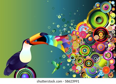 toucan emits thousands of circular elements from his beak, while hummingbird extracts their nectar