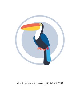 Toucan -Exotic bird illustration in circle in flat style. Minimalistic design for label, badge, logo. Isolated on white background.