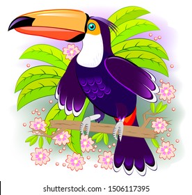 Toucan, exotic bird living the tropical rain-forest. Fantasy illustration kids. Cover for children fairy tale baby book. Abstract background for poster. Printable vector cartoon image. Flat style.