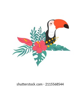 Toucan, exotic bird, tropical flowers, monstera leaves, jungle leaves. Composition bird of paradise. Cute cartoon character for children. Tropical element with toucan and monstera leaves