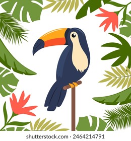 Toucan, exotic bird, tropical flowers, palm leaves, jungle leaves, bird of paradise