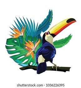 Toucan, exotic birds, tropical flowers, palm leaves, jungle leaves, bird of paradise.