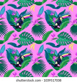 Toucan, exotic birds, tropical flowers, palm leaves, jungle leaves, bird of paradise. Tropical trendy  seamless pattern.