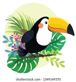 Toucan, exotic birds, tropical flowers, palm leaves, jungle leaves, bird of paradise.Cute cartoon character for children.Animal cards.