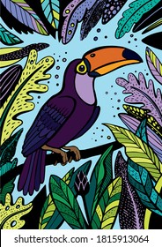 Toucan, exotic birds, tropical flowers, palm leaves, jungle leaves, bird of paradise.Vector illustration of a bright tropical bird Toucan on a floral background. T-shirt graphics for kids.Funny poster