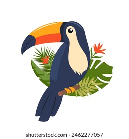 Toucan, exotic birds, tropical flowers, palm leaves, jungle leaves, bird of paradise