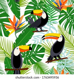 Toucan, exotic birds, tropical palm leaves, jungle and flowers. Beautiful seamless vector floral pattern background. Vector seamless pattern for stylish fabric design, paper, web.
