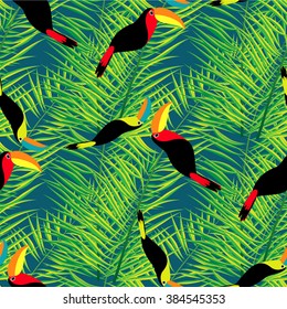 Toucan, exotic birds, tropical palm leaves, beautiful seamless vector floral pattern background