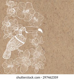Toucan with exotic flowers. Vector illustration on kraft paper. Can be greeting card, invitation, design element.