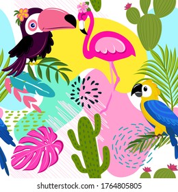 Toucan, Flamingo, Parrot, Cute tropical leaves and plants pattern background - funny vector drawing seamless pattern. Lettering poster or t-shirt textile graphic design. Wallpaper, wrapping paper.