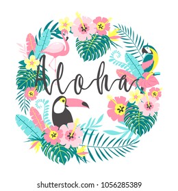 Toucan with flamingo, parrot, tropical flowers, palm leaves, hibiscus. Vector illustration 