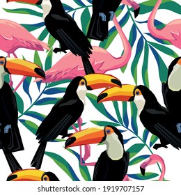 Toucan con hojas tropicales Flamingo fondo diseño de impresión sin fisuras para textiles de verano trópico ilustración vectorial