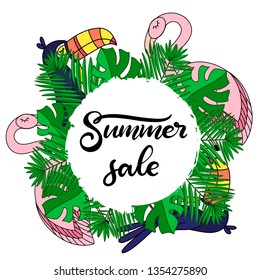 Toucan and flamingo with tropical leaves lettering vector illustration. Template for summer sale banner, party invitation card, poster, print with exotic bird and palm tree leaf. EPS10