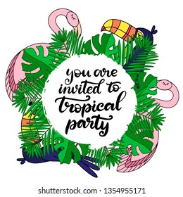 Toucan and flamingo with tropical leaves lettering vector illustration. Template for summer sale banner, party invitation card, poster, print with exotic bird and palm tree leaf. EPS10