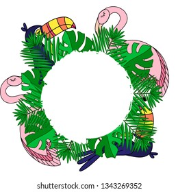 Toucan and flamingo with tropical leaves  vector illustration. Template for summer sale banner, party invitation card, poster, print with exotic bird and palm tree leaf in round frame. EPS10