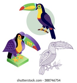 Toucan. Flat icon, template for adult coloring, isometric view. Set of vector birds in different unusual style. Illustration collection of images animals isolated on white background.