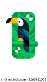 Touchscreen mit einfachen minimalistischen geometrischen Formen. Farbiges abstraktes Vektormosaik. Einzeln tropische Vogelschablone aus Quadrat, Rechteck, Kreis. Dschungel-Toukan.