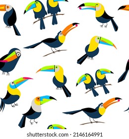 Toucan flat seamless pattern. Vector toucan bird illustration on white background. Tropical jungle nature abstract web graphics