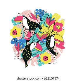 Toucan floral card. Vector background 