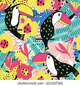 Toucan floral seamless pattern. Vector background 