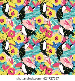 Toucan floral seamless pattern. Vector background 