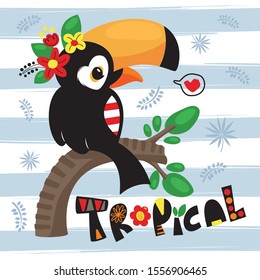 Toucan with flowers on head sitting on a branch on blue and white striped background illustration vector.