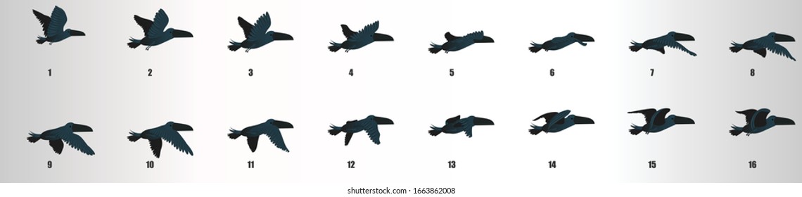 Toucan flying animation sequence, loop animation sprite sheet