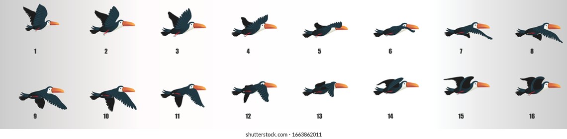 Toucan flying animation sequence, loop animation sprite sheet