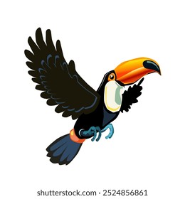 A toucan is flying with black wings.A toucan is flying with black wings.