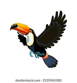 A toucan is flying with black wings.A toucan is flying with black wings.