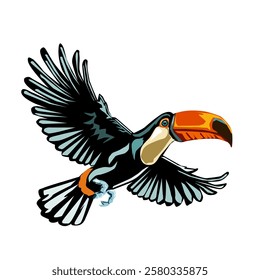 A toucan is flying with black wings.Vector illustration isolated on white background.