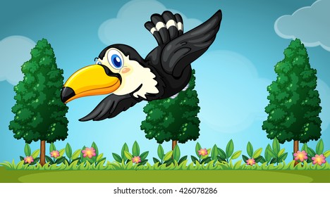 Toucan flying in the garden illustration