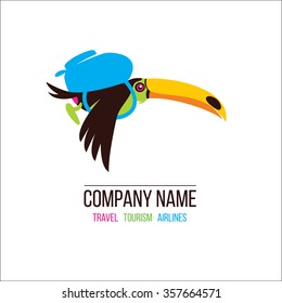 Toucan. Toucan Flying On Vacation With A Backpack. Vector Logo For Travel Agency Or Airline.