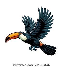 A toucan is flying, showing off its long beak and beautiful wings.Vector illustration isolated on white background.