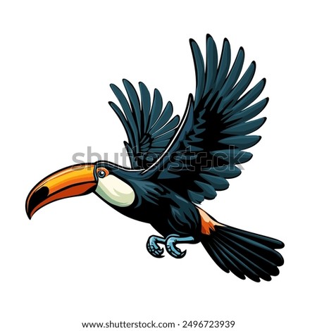 A toucan is flying, showing off its long beak and beautiful wings.Vector illustration isolated on white background.