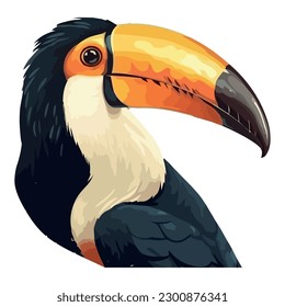 Toucan flying in tropical rainforest colorful beak over white