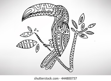 toucan. Hand-drawn with ethnic pattern. Coloring page - isolated on a white background. Zendoodle patterns. Vector illustration.