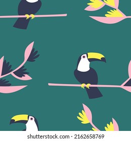 Toucan and heliconia flowers seamless pattern vector