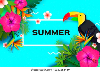 Toucan, Hibiscus Flowers and Palm Leaves. Tropical Summer. Frangipani - Plumeria in Paper cut art. Bird of paradise. Rectangle frame. Text. Origami jungle. Spring blossom. Exotic Banner. Vector