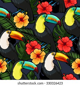 Toucan and hibiscus flowers vector seamless background