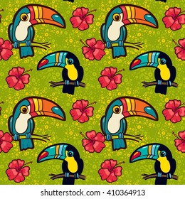 Toucan and Hibiscus. Tropical Green seamless pattern. Vector ornament toucan in cartoon style. American  bill, ramphastida, toucan. 