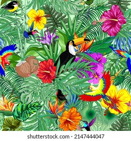 Toucan, Hummingbirds, Macaw Parrots and other Wild Birds in the Jungle Vector Seamless Repeat Textile Pattern 