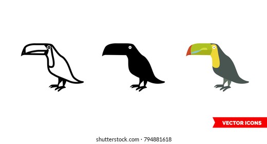 Toucan icon of 3 types: color, black and white, outline. Isolated vector sign symbol.