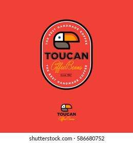 Toucan icon. Coffee beans emblem. Logo for the coffee packing on a red background.