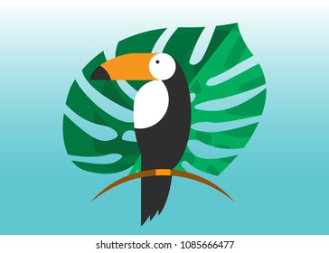 Toucan icon with exotic tropical leaf Monstera. Cartoon illustration of toucan vector icon for web. Toucan flat style vector logo template isolated or blue background. Tropical tucan bird icon