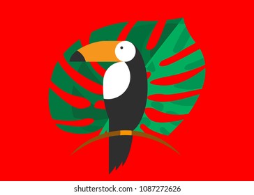 Toucan icon with exotic tropical leaf Monstera. Cartoon illustration of toucan vector icon for web. Toucan flat style vector logo template isolated or red background. Tropical bird icon